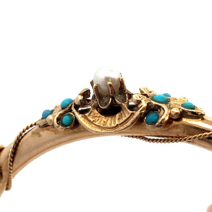 Estate 14K Yellow Gold Round Turquoise Pearl Art Deco Hinged Bangle Bracelet