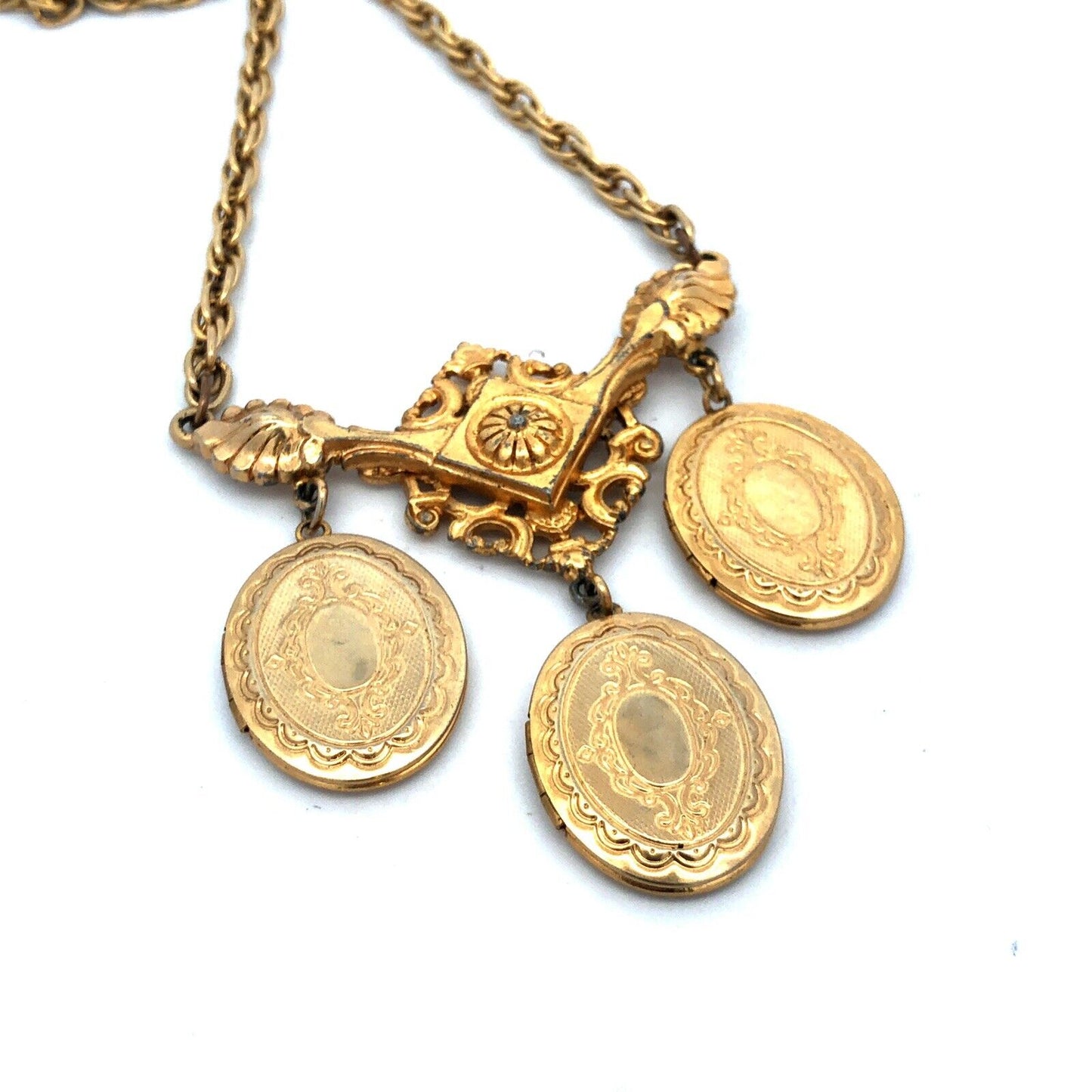 Arthur Pepper Mid Century Gold Tone Oval Locket Double Chain Statement Necklace