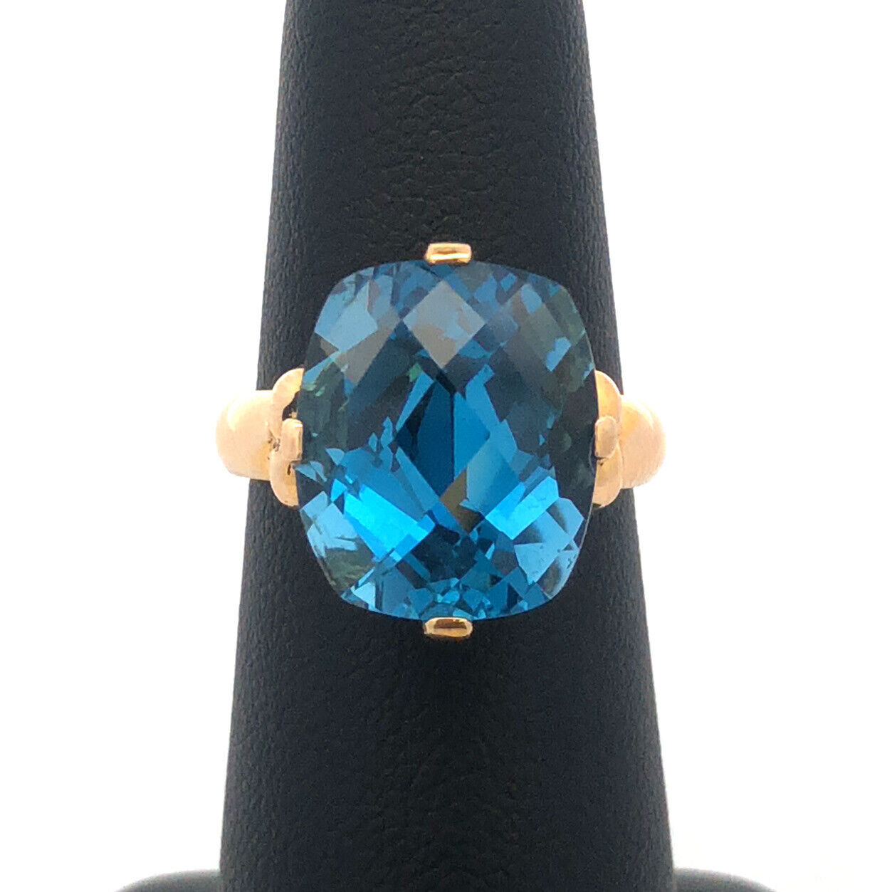 Stunning 10K Yellow Gold Rectangle Cushion Cut London Blue Topaz Cocktail Ring