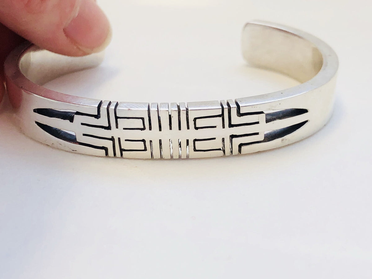 Artisan Sterling Silver 925 Geometric Open Work Modernist Cuff Bracelet