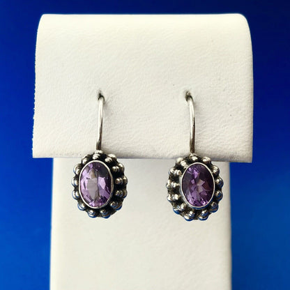 Vintage FAS 925 Sterling Silver Amethyst February Anniversary Dangle Earrings