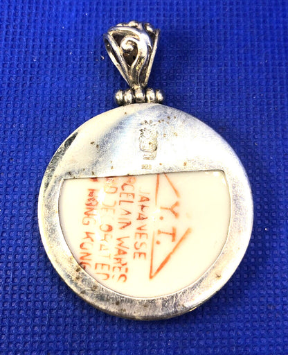 Designer Japanese 925 Sterling Silver Round Porcelain Hand Painted Pendant
