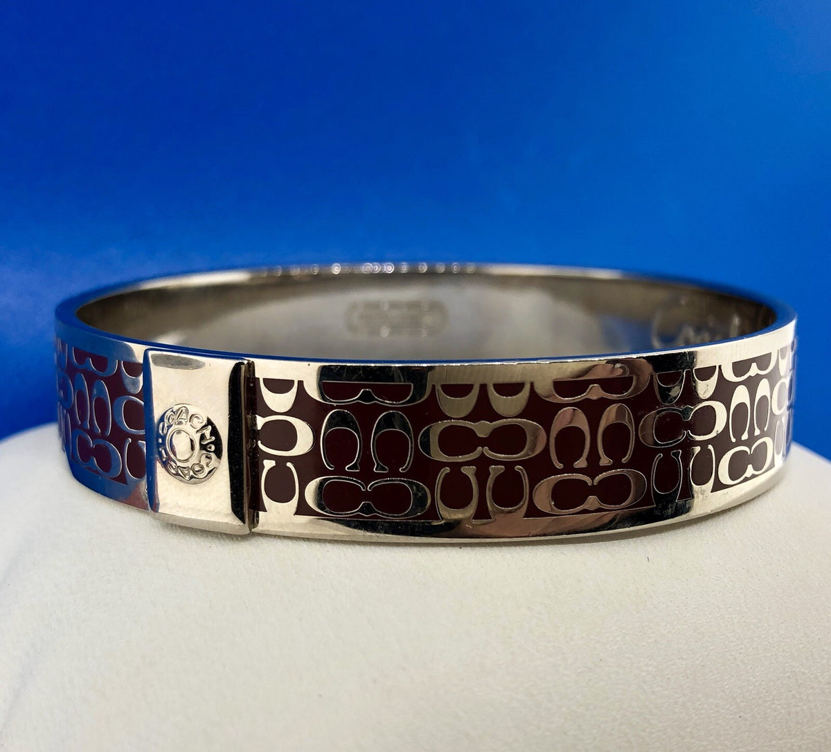 Authentic Coach Silver Tone Burgundy C Signature 1/2" Bangle Cuff Bracelet