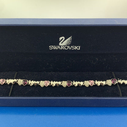 Swarovski Silver Toned Purple Pink Diamond Crystal Heart Station Tennis Bracelet