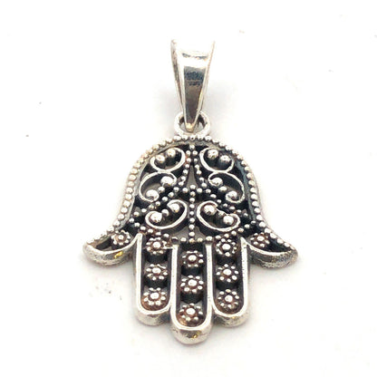 925 Sterling Silver Beaded Filigree Hamsa Good Luck Prosperity Pendant