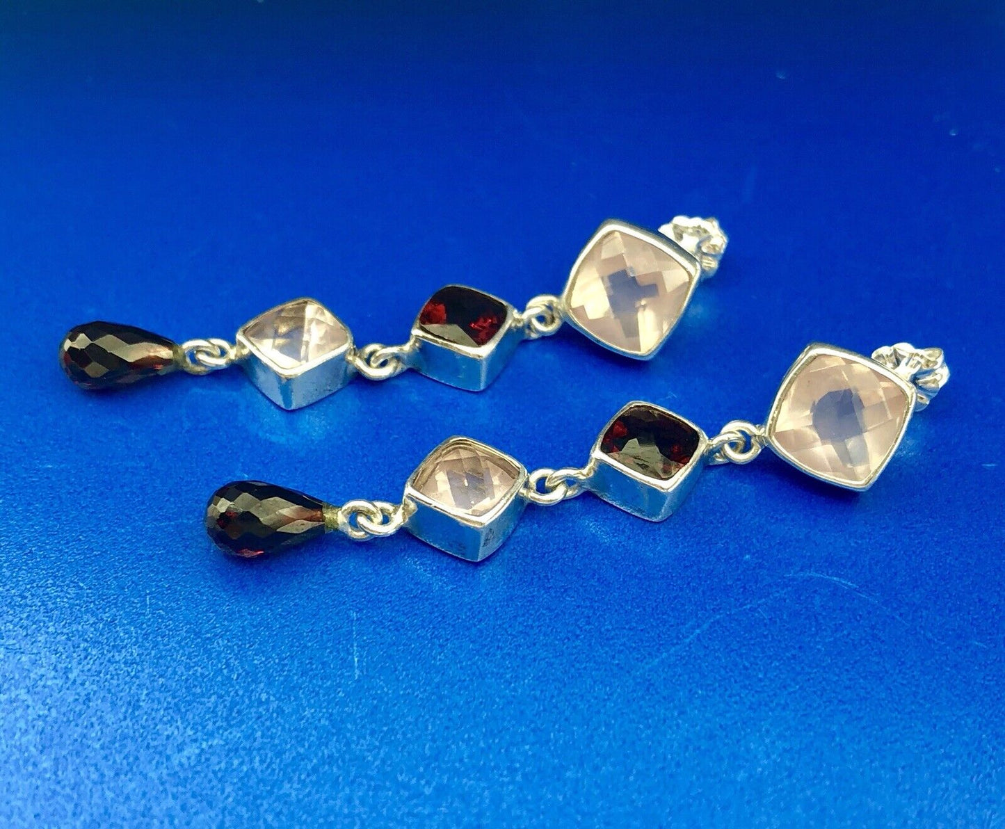 Sterling Silver 925 Garnet Rose Quartz January Drop Dangle Statement Earrings