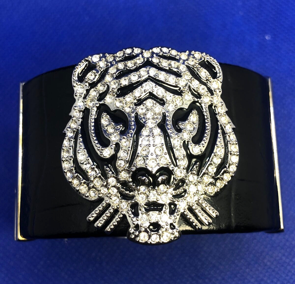 Genuine Black Leather CZ Black Enamel Tiger Head Statement Hinged Cuff Bracelet