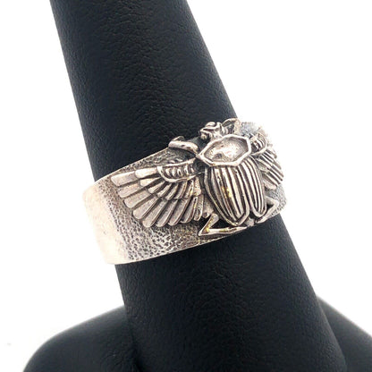 925 Sterling Silver Wings Of Isis Scarab Protection Tapered Cigar Band Ring
