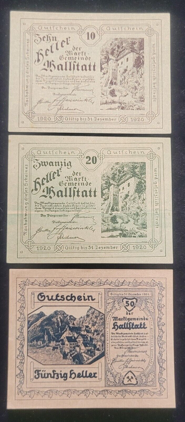 1920 10, 20 & 50 Heller, Hallstatt Market Town Austria Obsolete Bank Note Set