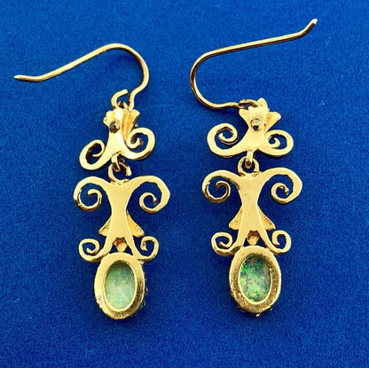 Art Deco Art Nouveau 14K Yellow Gold Opal Diamond Scroll Drop Dangle Earrings
