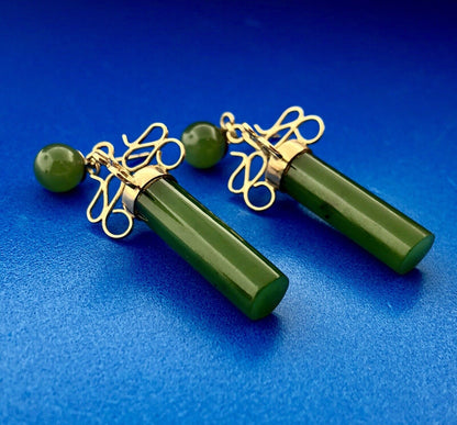 Vintage 14k Yellow Gold Jade Jadeite Modernist Drop Dangle Earrings