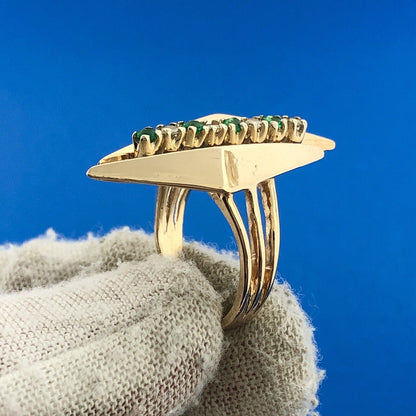 Designer Modernist 14k Yellow Gold Round Diamond Emerald Twin Triangle Ring