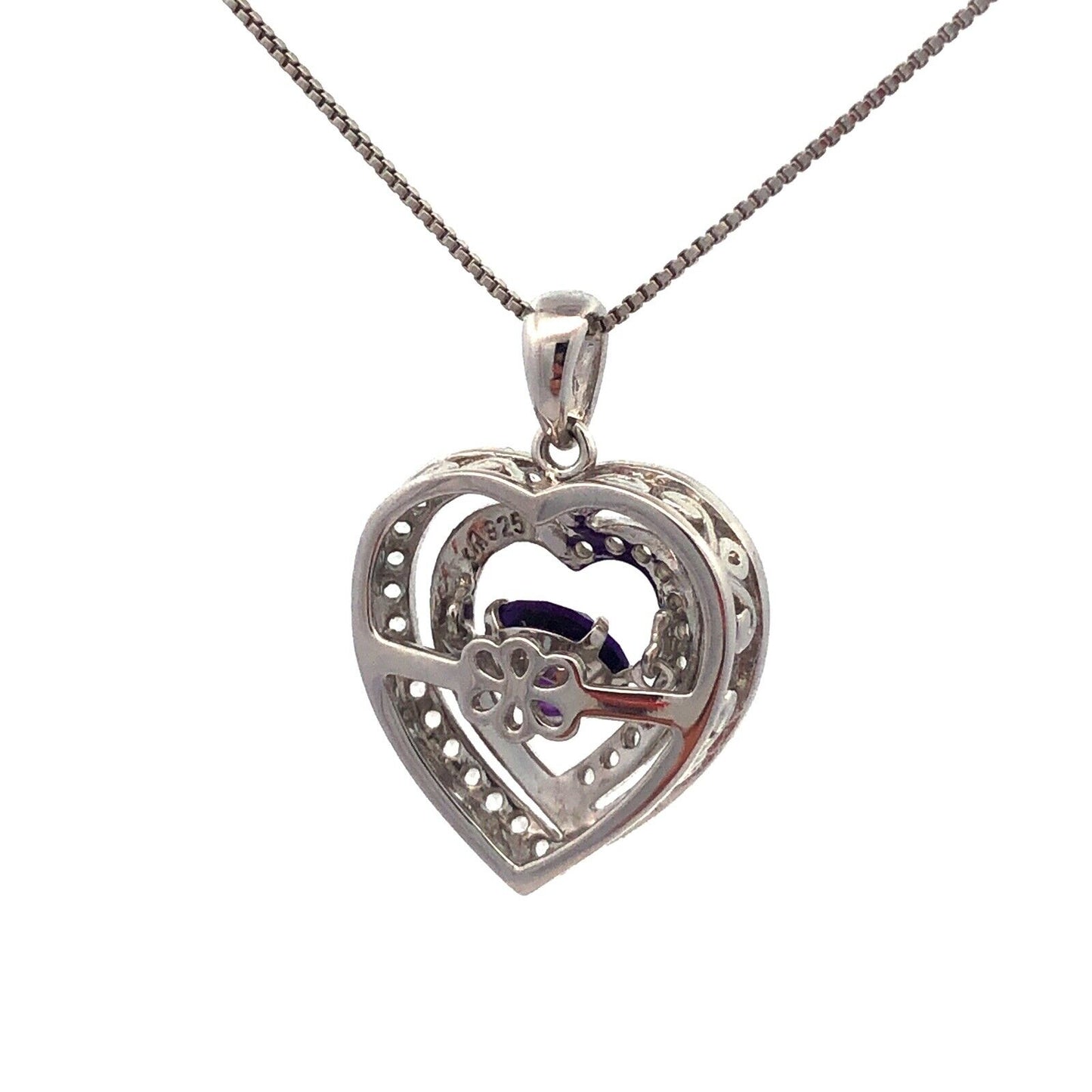 Designer  925 Sterling Silver Round Amethyst White Topaz Heart Pendant Necklace