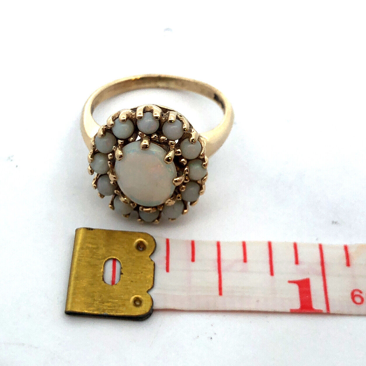 Designer 10K Yellow Gold Oval Opal Cluster Halo Statement Cocktail Ring