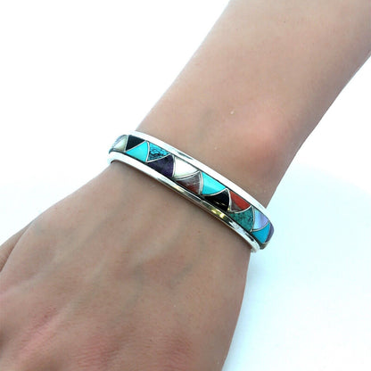 Native American Orlinda Natewa 925 Sterling Silver Multi-Stone Cuff Bracelet