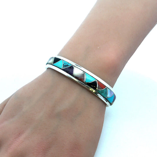 Native American Orlinda Natewa 925 Sterling Silver Multi-Stone Cuff Bracelet