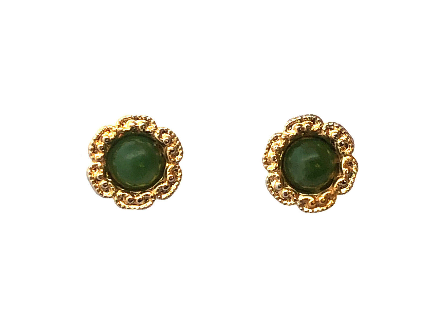 Vintage 14K Yellow Gold Round Cabochon Jade Flower Shaped Stud Earrings