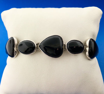 Vintage Taxco Mexico 925 Sterling Silver Black Onyx Heart Oval Panel Bracelet