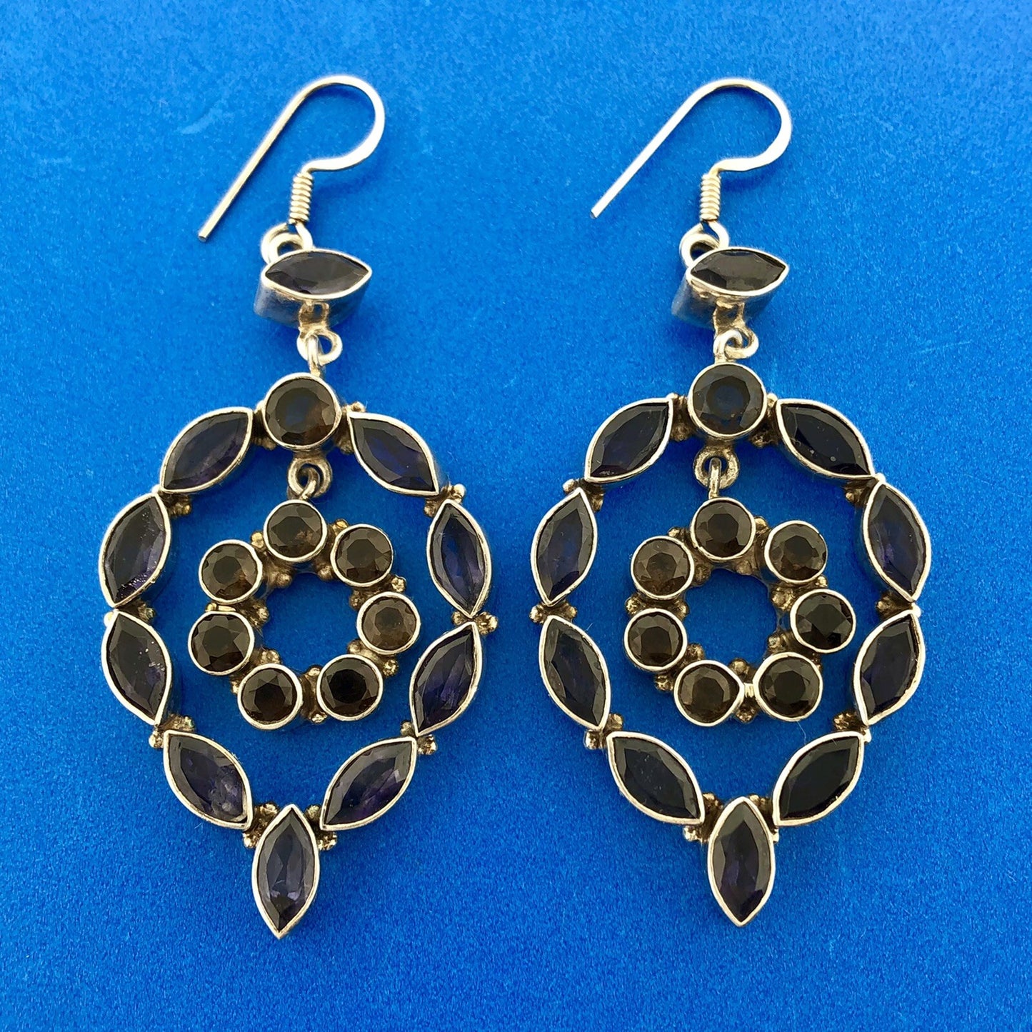 Estate 925 Sterling Silver Iolite Smoky Quartz Statement Drop Dangle Earrings