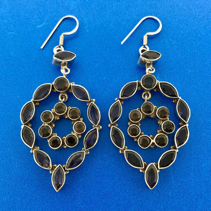 Estate 925 Sterling Silver Iolite Smoky Quartz Statement Drop Dangle Earrings