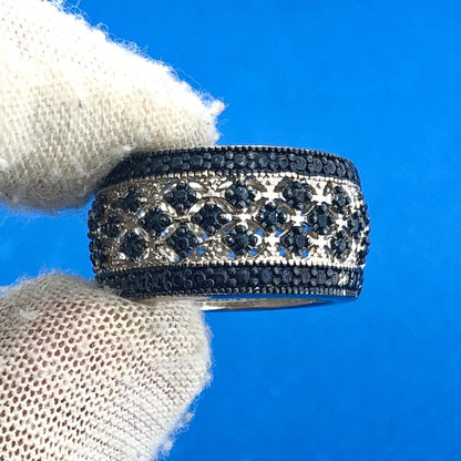 Designer 925 Sterling Silver Black Diamond Illusion Cutout Cigar Band Ring