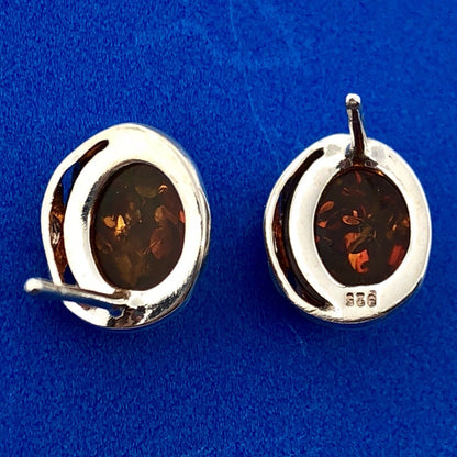 Retro 925 Sterling Silver Oval Baltic Amber Stud Earrings