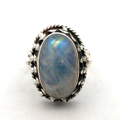 Vintage 925 Sterling Silver Oval Cabochon Rainbow Moonstone Statement Dome Ring
