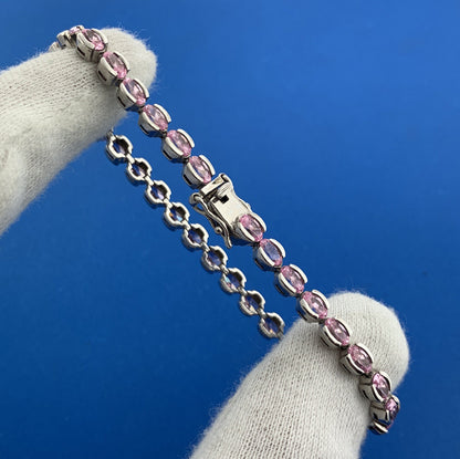 Stunning Designer Sterling Silver Oval Pink Ice Cubic Zirconia Tennis Bracelet