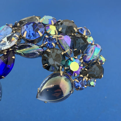 Mid Century Silver Tone Blue Aurora Borealis Rhinestone Brooch & Earrings Set
