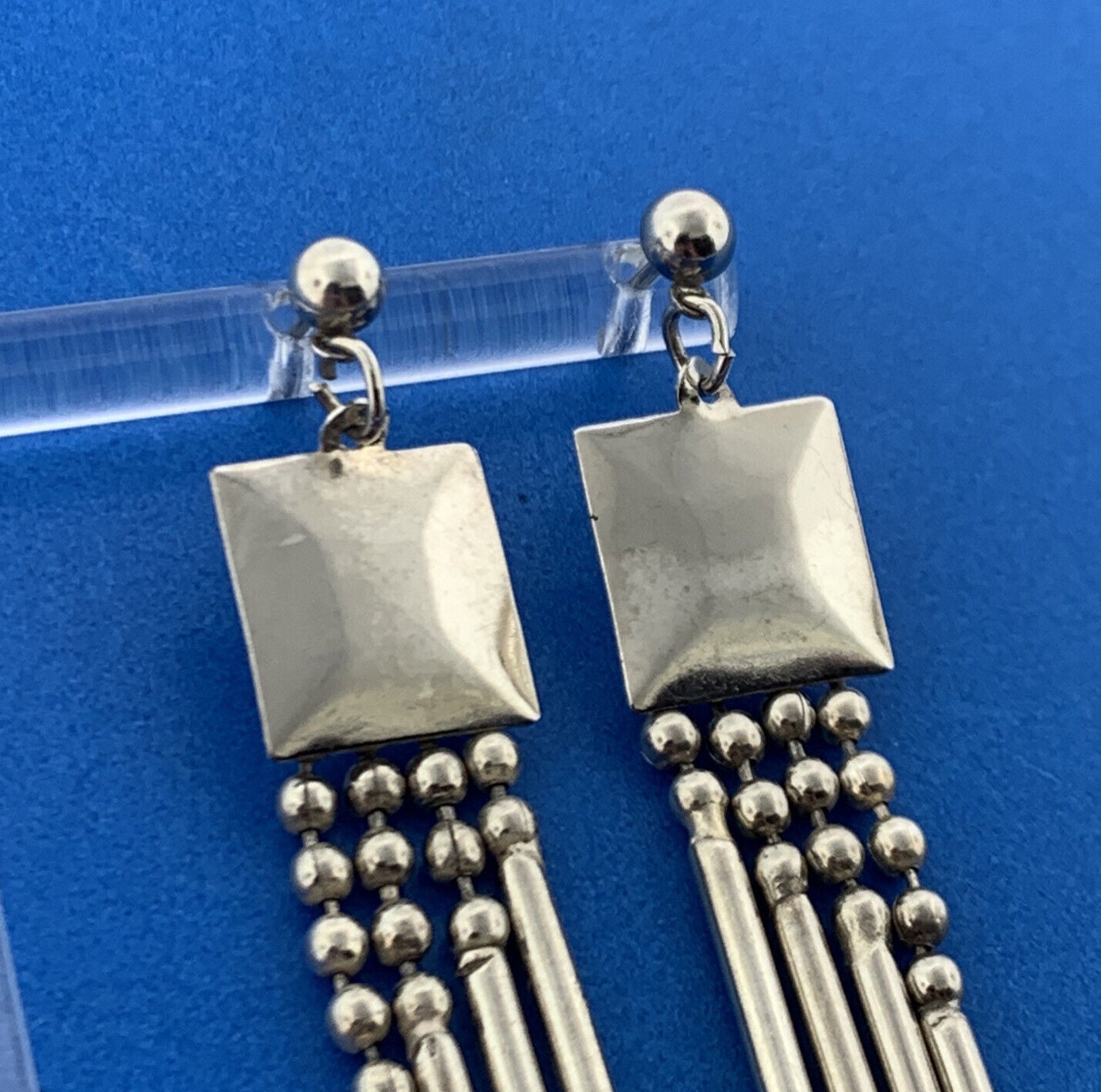 Stunning Silver Toned Metal Square Swinging Rods Stud Dangle Earrings