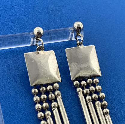 Stunning Silver Toned Metal Square Swinging Rods Stud Dangle Earrings