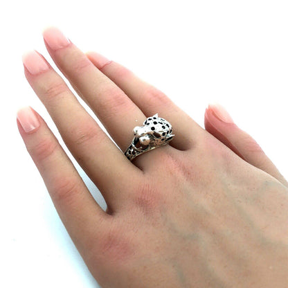 Vintage Mexico 925 Sterling Silver Cheetah Jaguar Cat Head Statement Ring