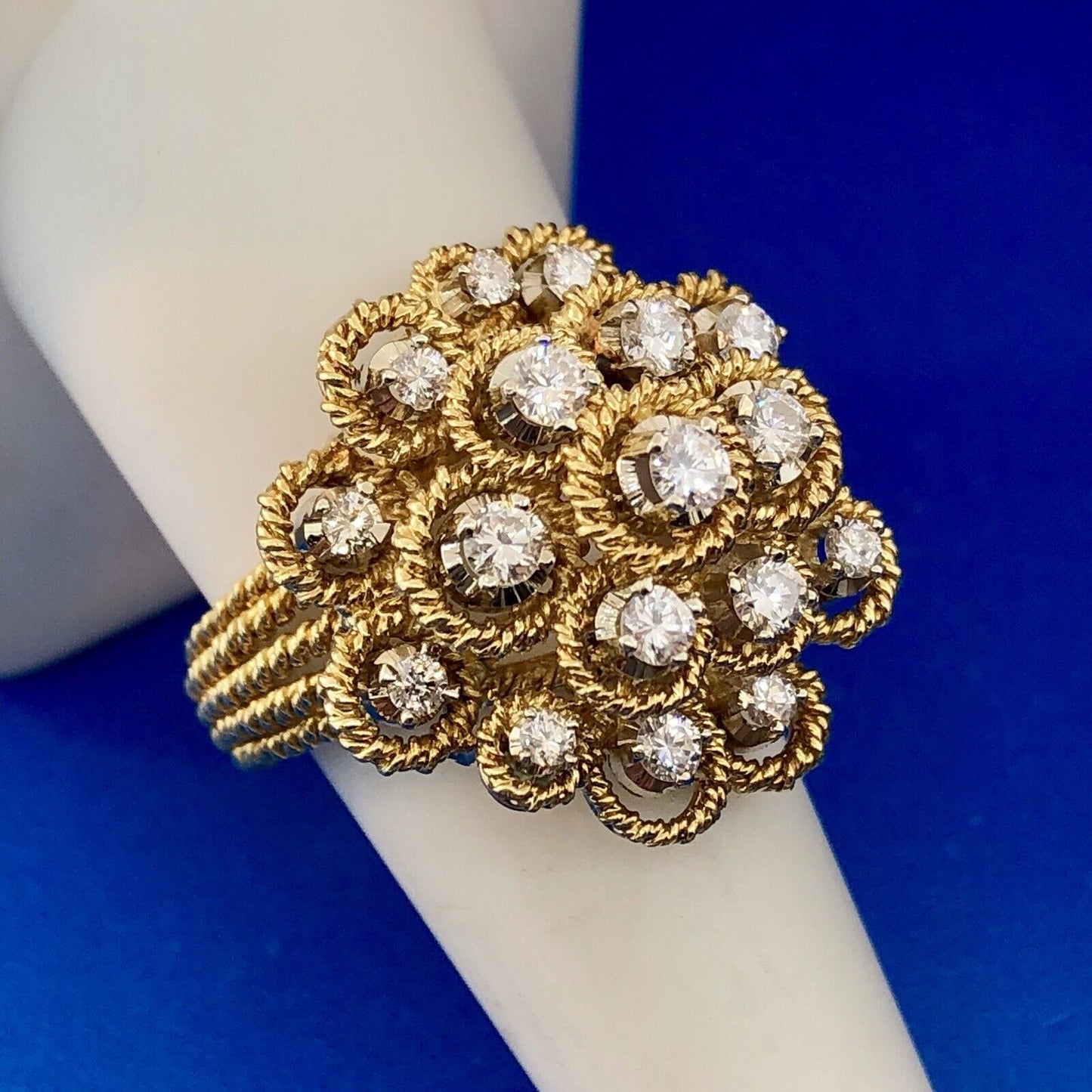 Stunning 18K Yellow Gold Diamond Floral Cluster Empire Setting Statement Ring