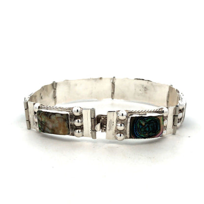 Vintage Taxco 925 Sterling Silver Abalone Rectangle Cabochon Panel Bracelet