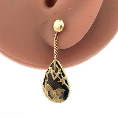Estate 14K Yellow Gold Teardrop Smokey Quartz Etched Tiger Dangle Stud Earrings