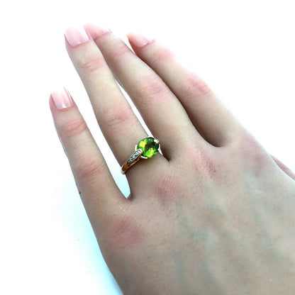 Designer MEDA 14K Yellow Gold Oval Green Peridot Diamond August Birthstone Ring