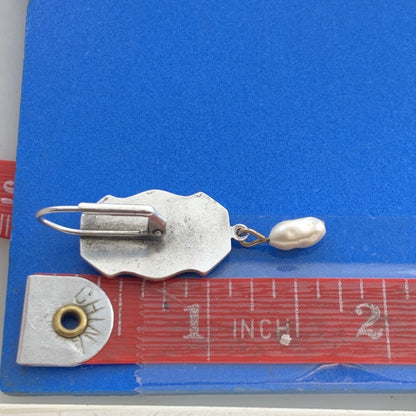 Vintage Pearl Dangle 925 Sterling Silver Floral Panel Hook Lever-back Earrings