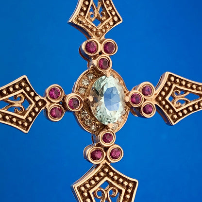 SR 14k Rose Gold Blue Tourmaline Ruby Diamond Faith Cross Pendant Enhancer