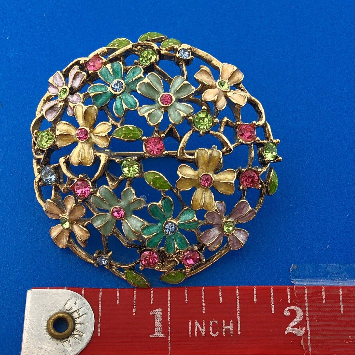 Mid Century Monet Gold Tone Multi Colored Enamel Rhinestone Spring Floral Brooch