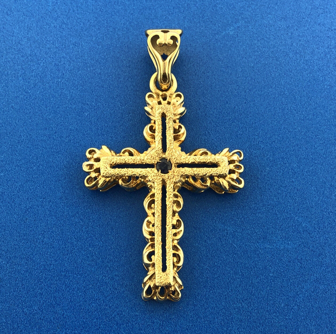 Veronese 925 Sterling Silver Vermeil Sapphire Open Work Statement Cross Pendant
