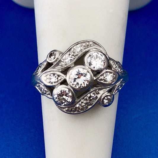 Art Nouveau Art Deco Platinum Diamond Floral Cluster Engagement Cocktail Ring