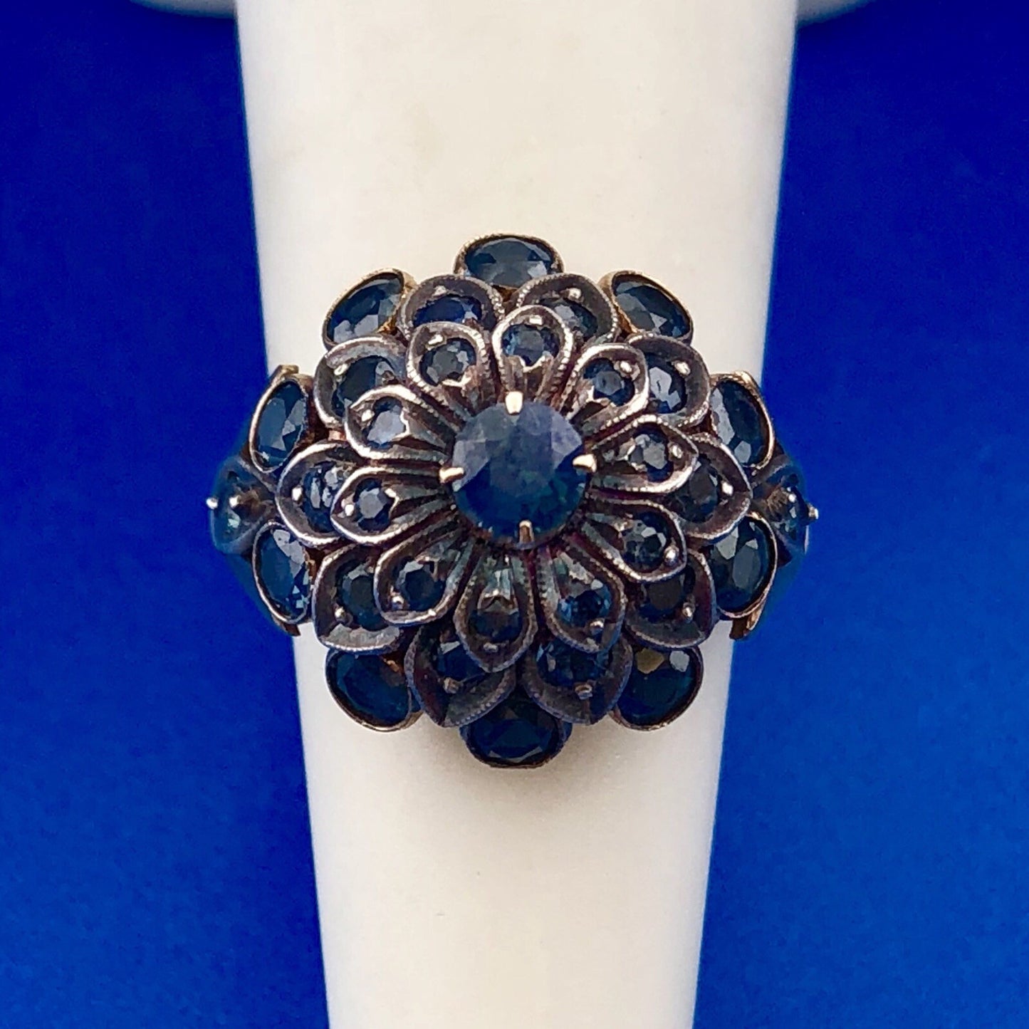 Estate 10K Yellow Gold Blue Topaz Towering Flower December Anniversary Ring