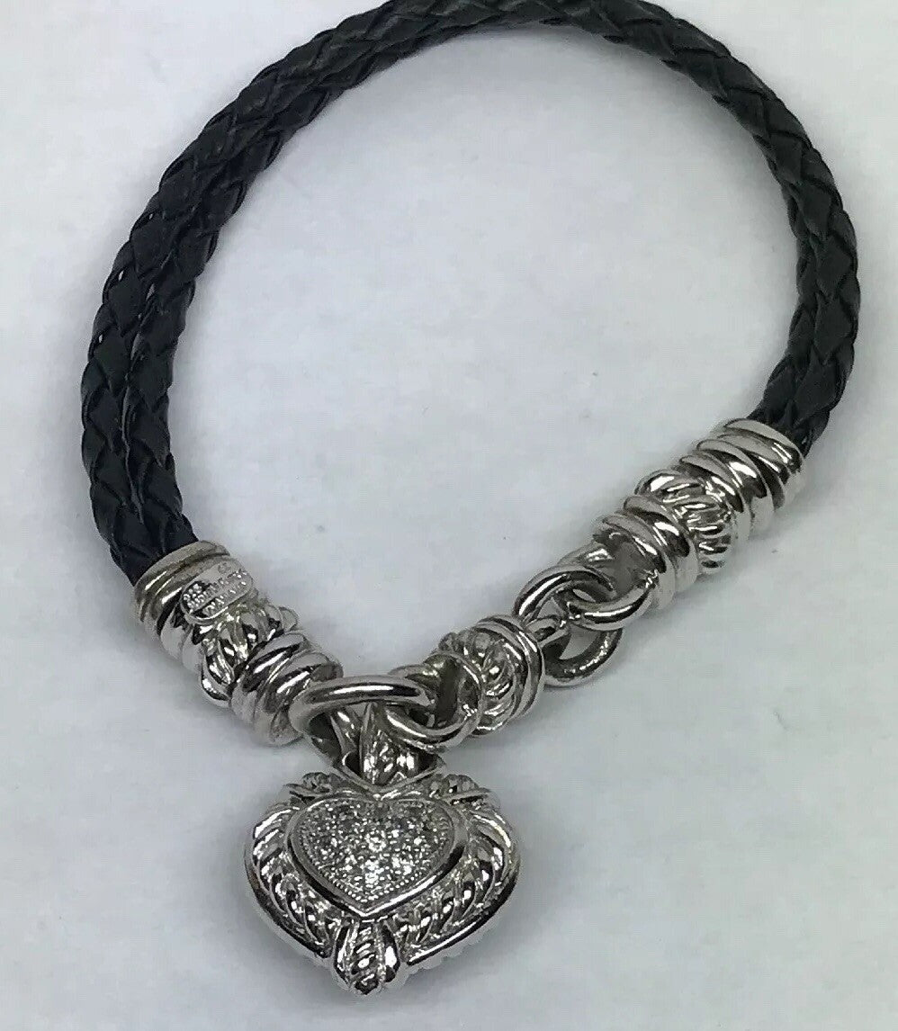 Judith Ripka Sterling Silver 925 Diamonique CZ Heart Charm Leather Bracelet