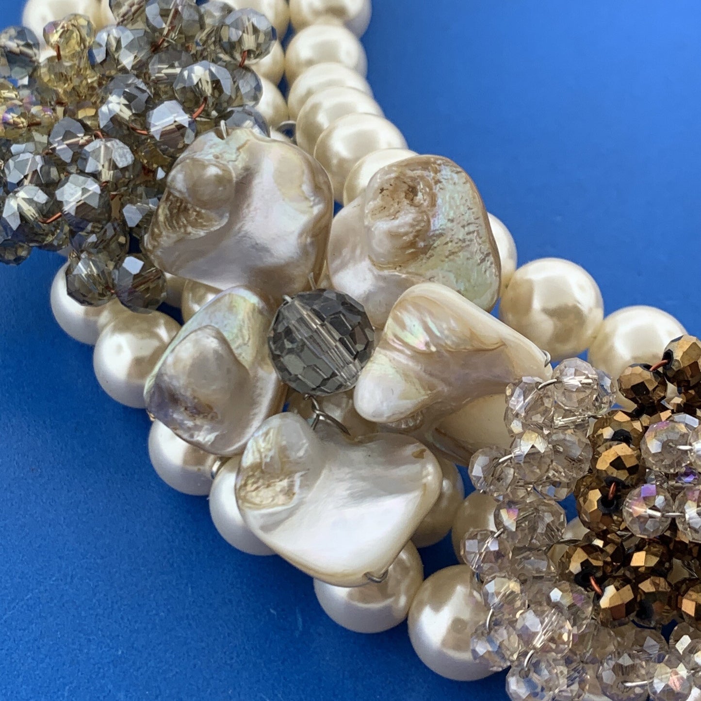 Vtg Artisan Gold Tone Abalone Faux Pearl Crystal Bead Statement Collar Necklace
