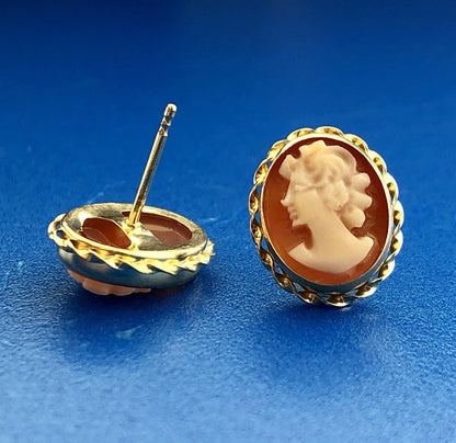 Classic Victorian 14K Yellow Gold Carved Cameo Statement Stud Earrings