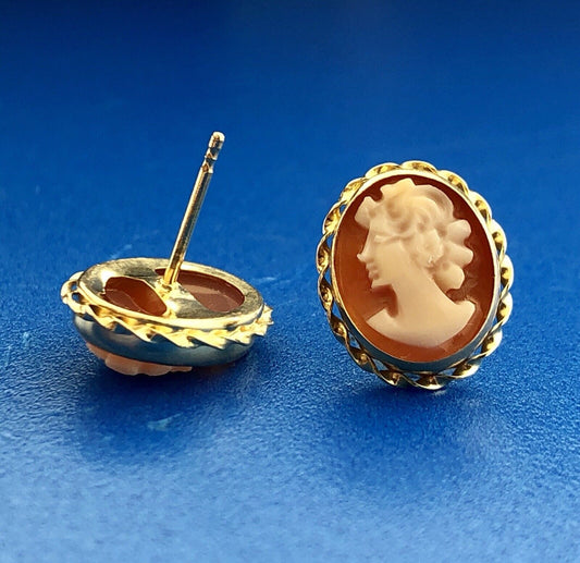 Classic Victorian 14K Yellow Gold Carved Cameo Statement Stud Earrings