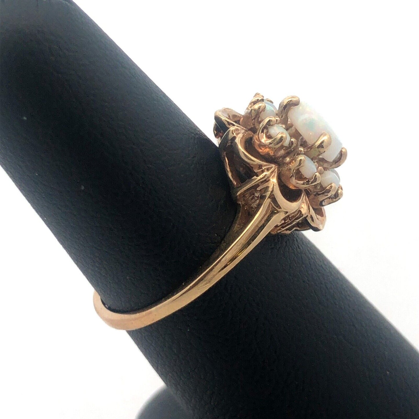Vintage 10K Yellow Gold Opal Floral Cluster October Anniversary Cocktail Ring