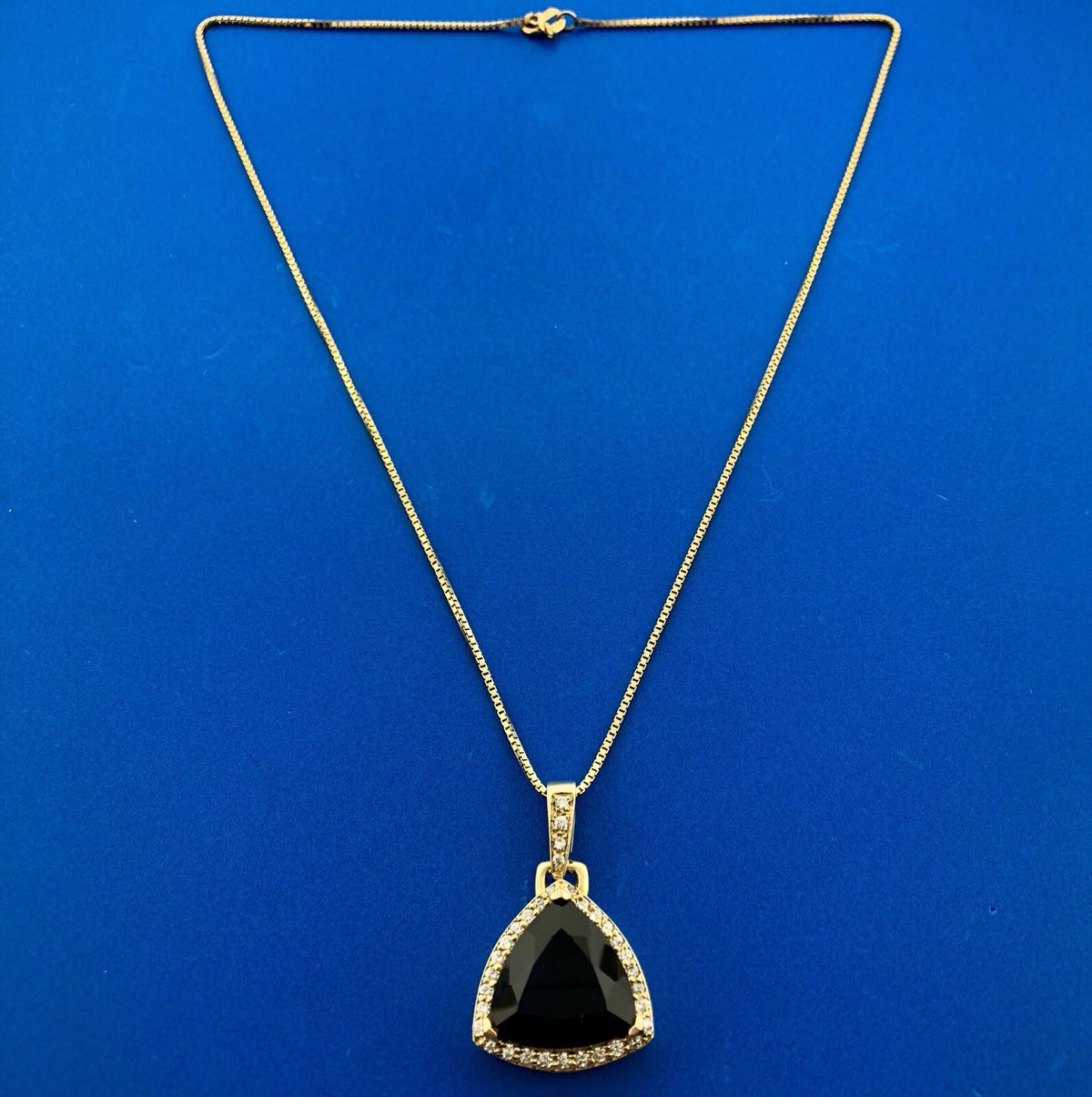 Custom 18K Yellow Gold Large Trillion Cut Lab Created Sapphire Diamond Pendant