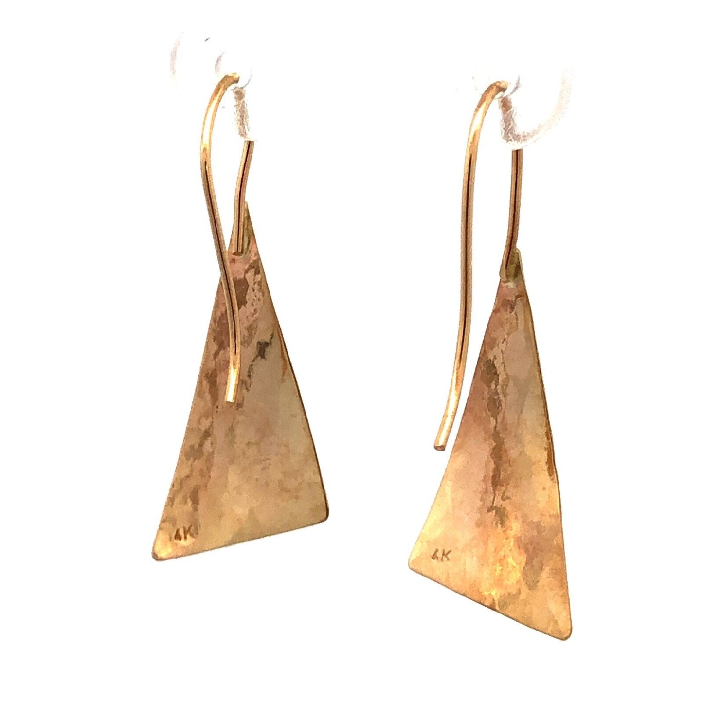 14K Yellow Gold Hammered Textured Modernist Triangle Dangle Earrings
