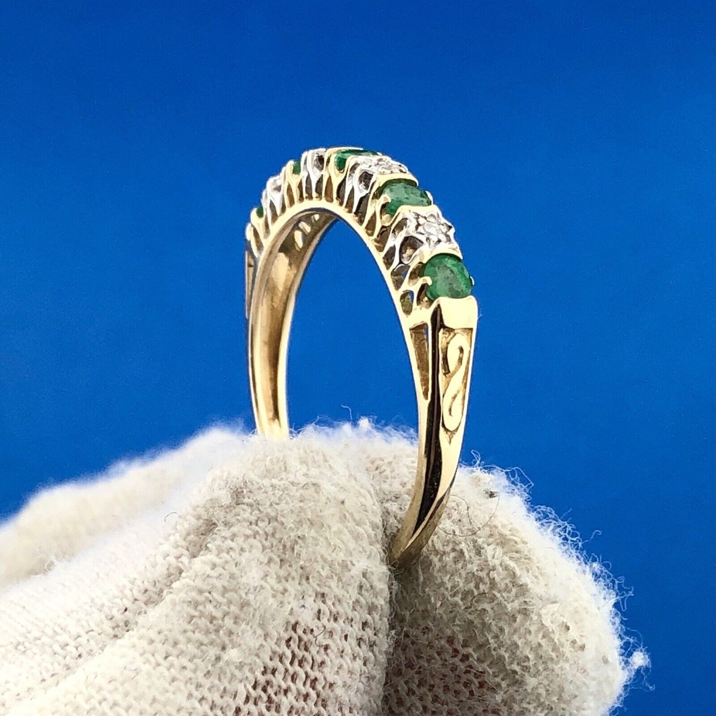 Designer 14K Yellow Gold Emerald Diamond May Anniversary Eternity Band Ring